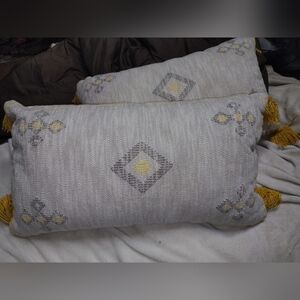 Set Decorative Embroidered Lumbar Pillow with Yellow Tassels 14x25